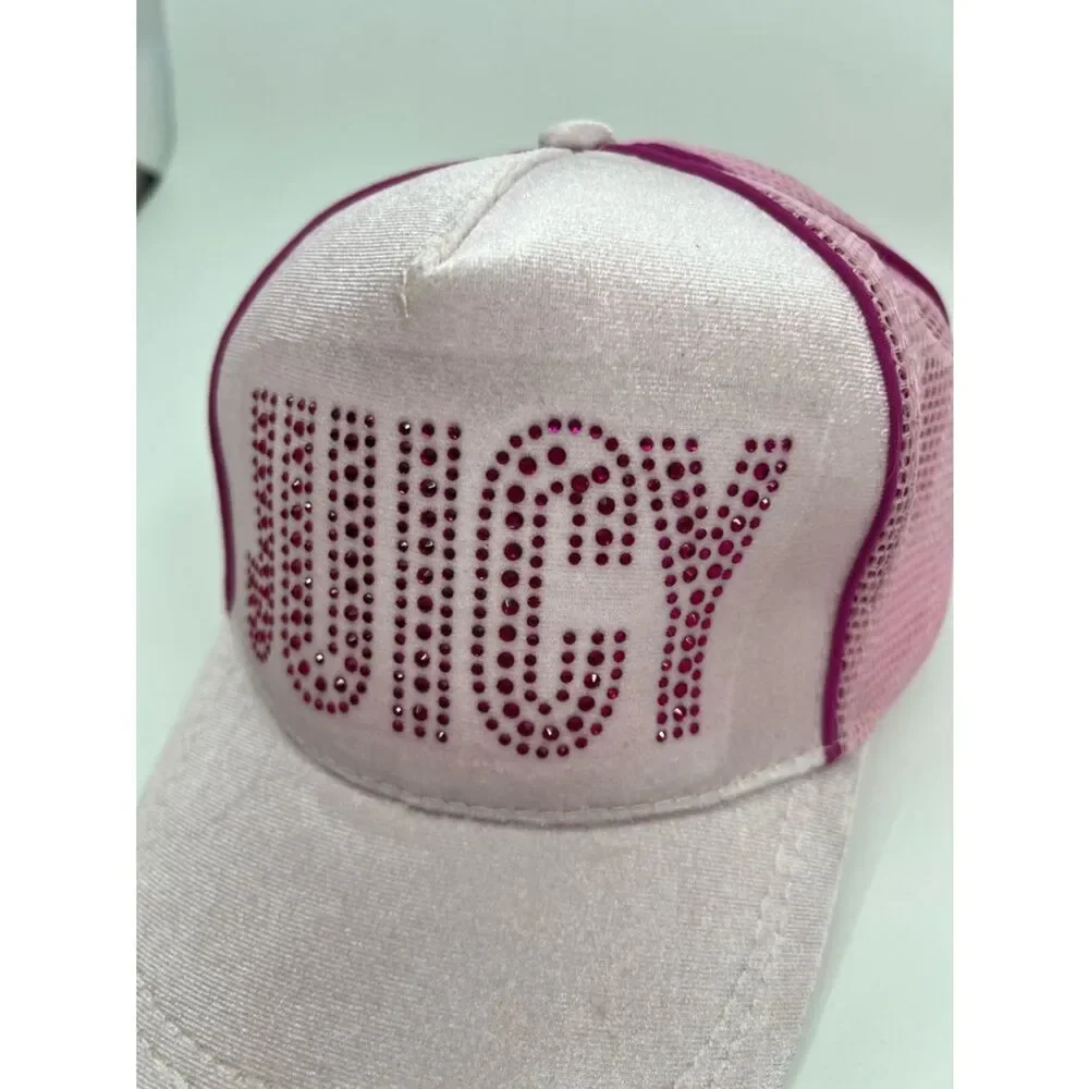 Juicy Couture Kid’s Baseball Cap Pink Velour with Jeweled Logo Trucker Mesh